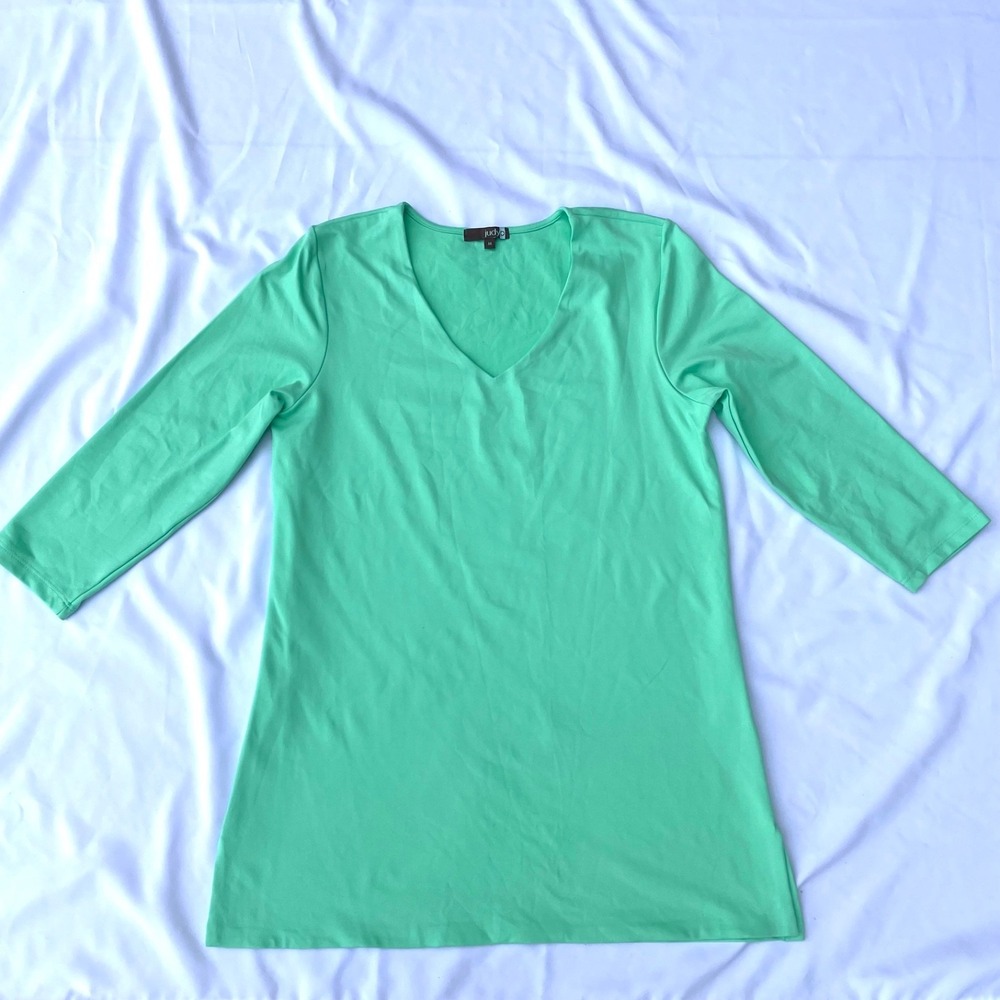 Judy P Women's V-Neck Top Medium Green 3/4 Sleeves Stretch Tunic USA Beach